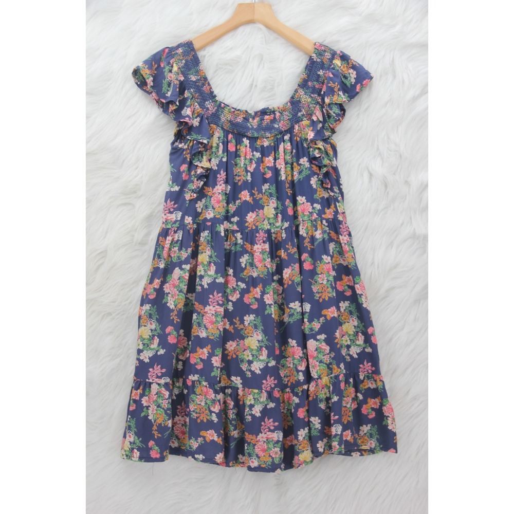 Boho Floral Mini Dress Blue Pink Babydoll Ruffle Sleeves M Romantic Cottagecore